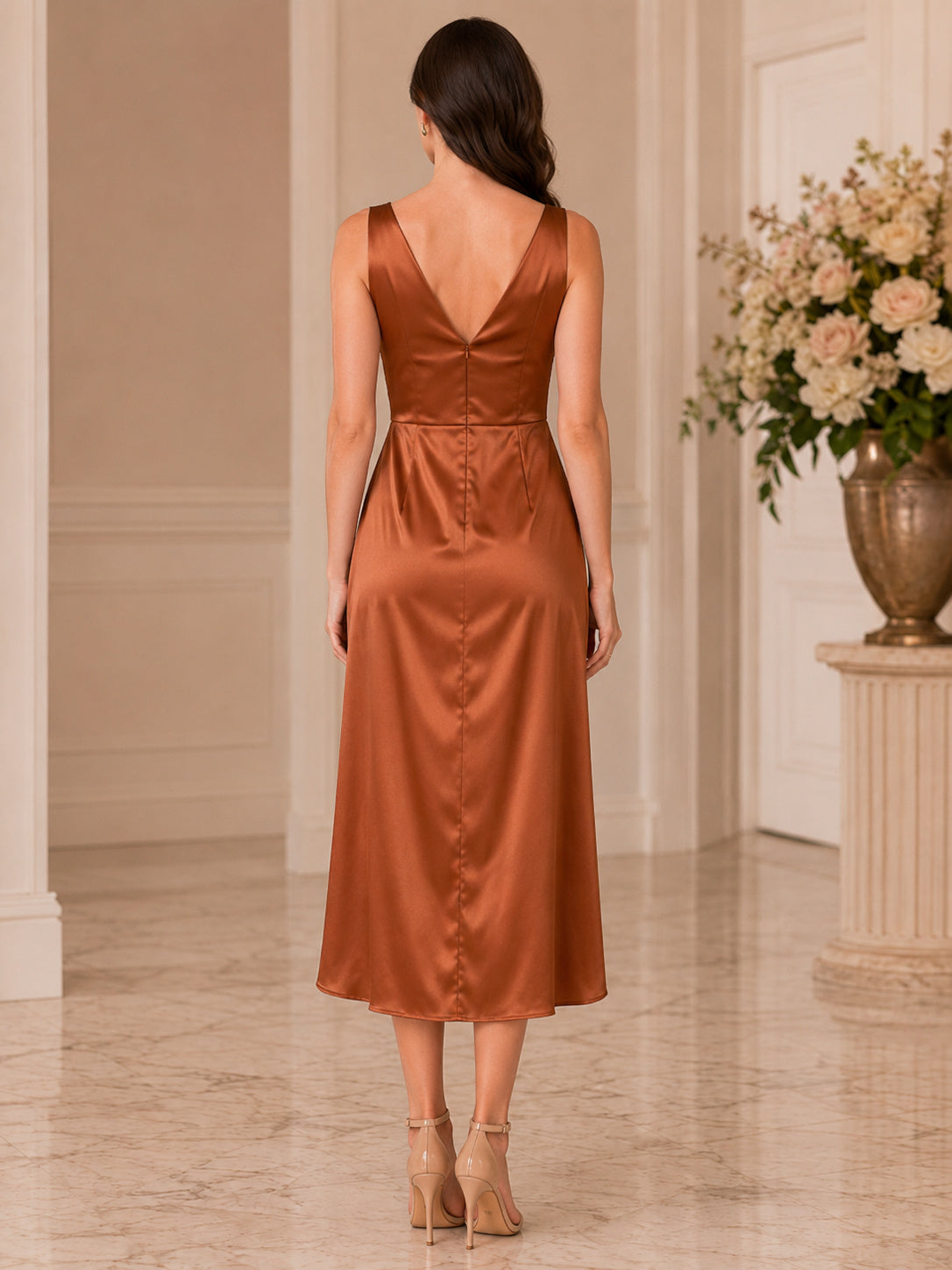 Brown Cowl Neck Wide Strap Satin Wrap Midi Guest Dress back view