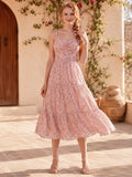 Pink Floral Spaghetti Strap Tiered Summer Midi Dress front view