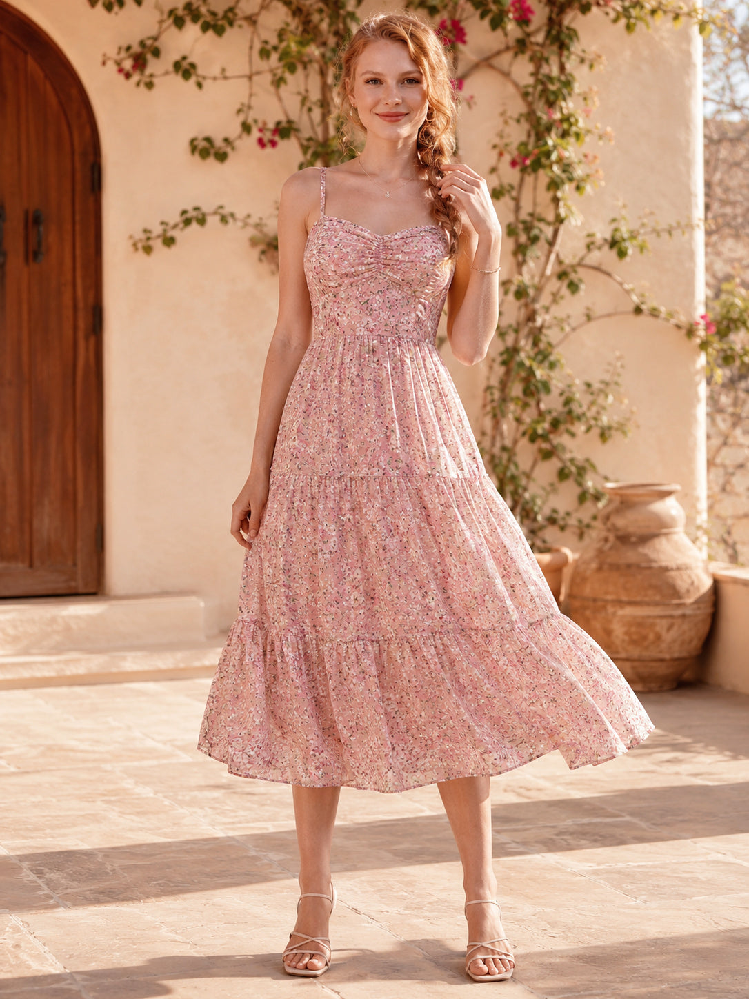 Pink Floral Spaghetti Strap Tiered Summer Midi Dress front view