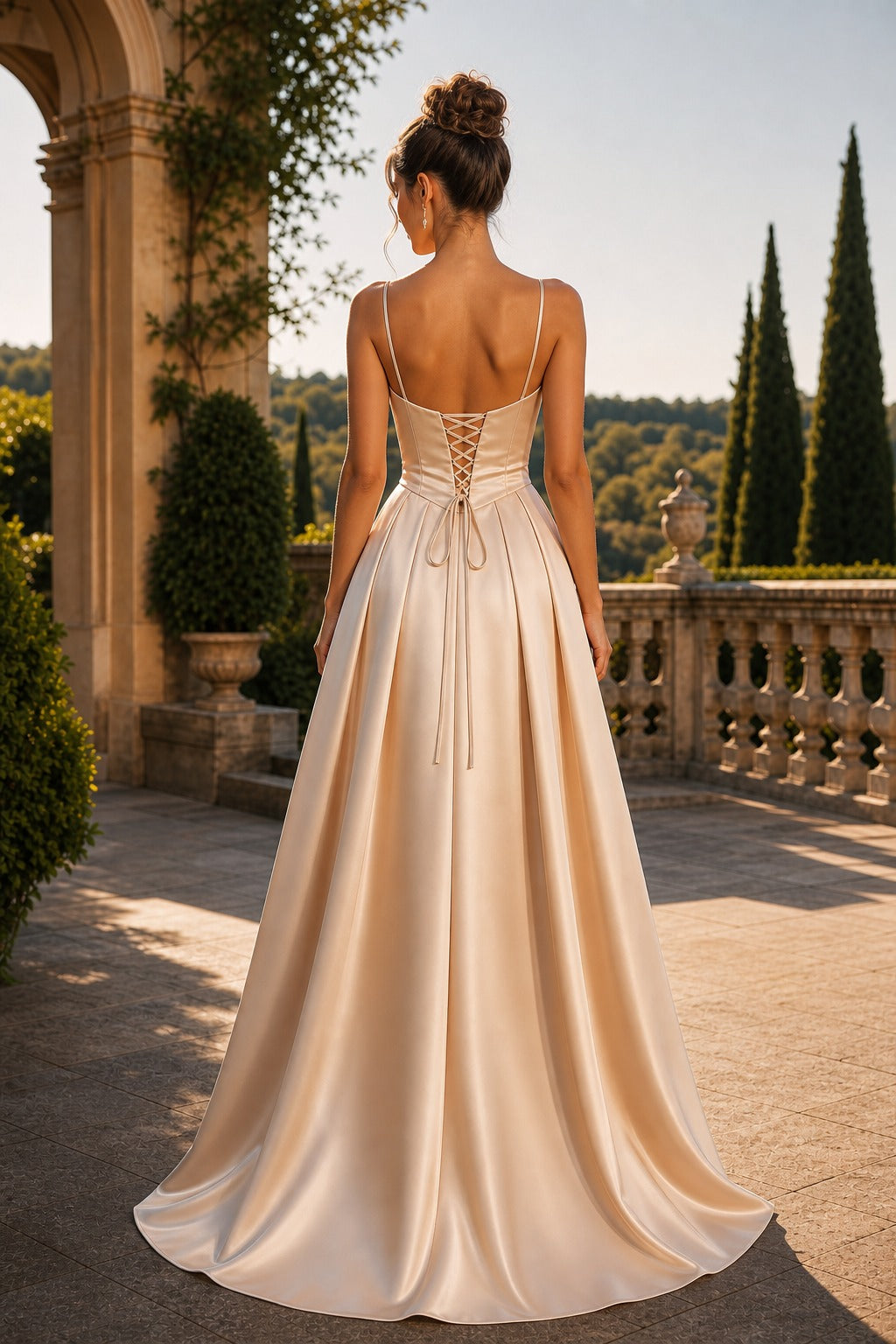 Champagne Strapless Floor-Length Satin Ball Gown