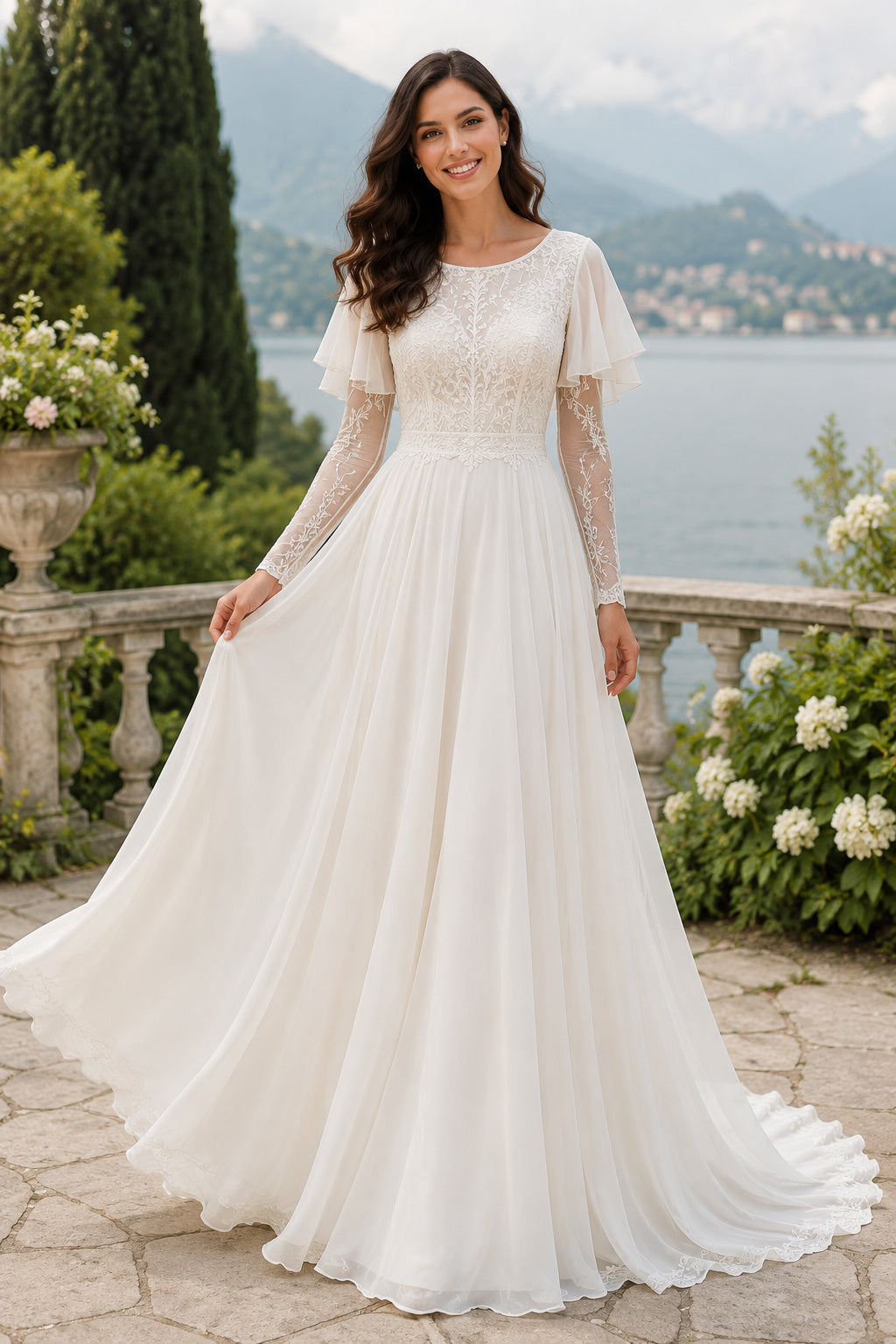 Bateau Short Sleeve A-Line Wedding Dress with Lace Bodice and Chiffon Train for Beach Garden Ceremony front view