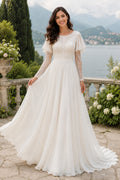Bateau Short Sleeve A-Line Wedding Dress with Lace Bodice and Chiffon Train for Beach Garden Ceremony front view