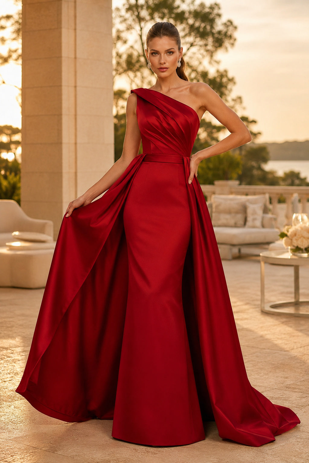 Red One Shoulder Satin A Line Prom Gown With Pleated Skirt And Sweep Train Prom Dress front view