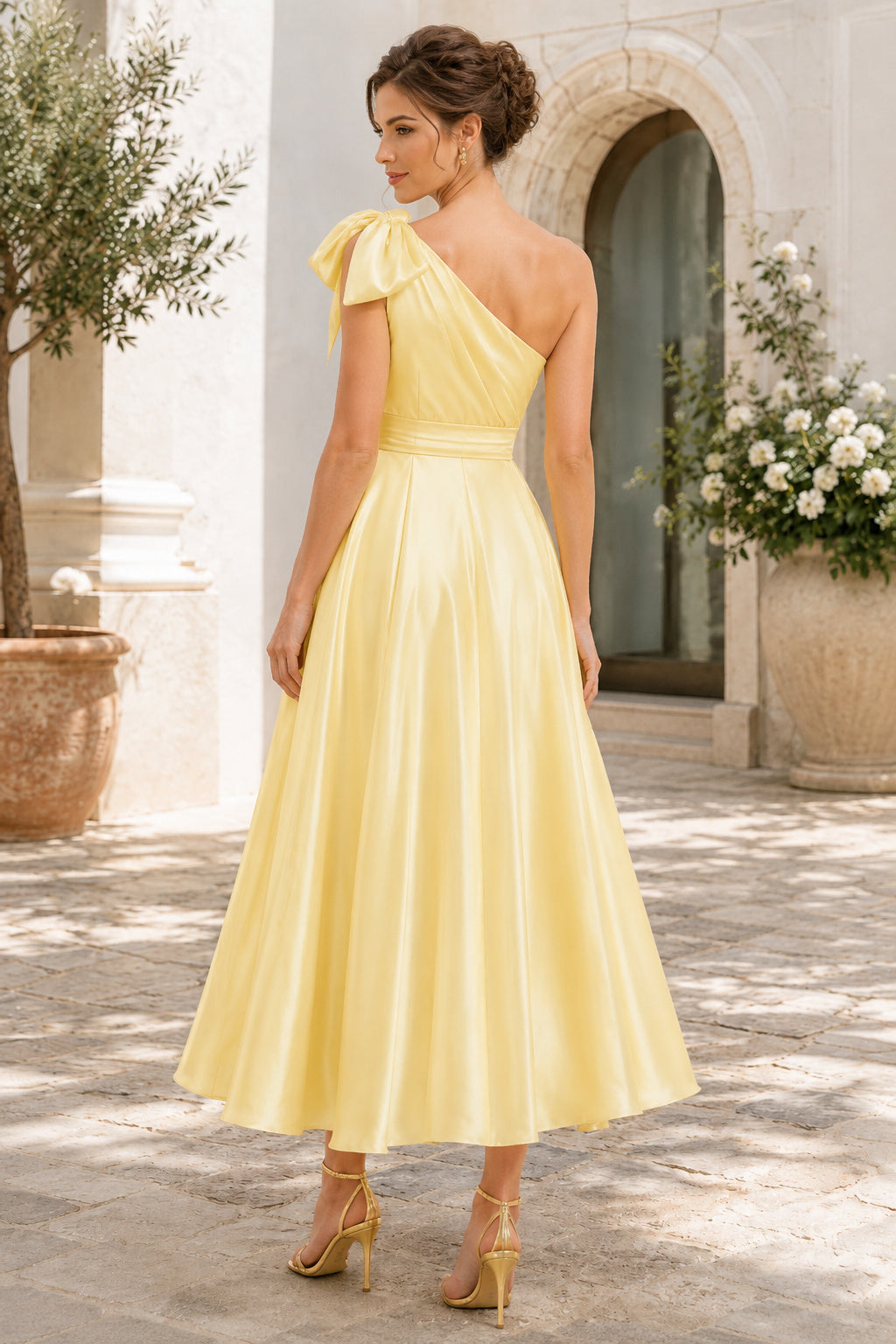 Daffodil One Shoulder Satin Tea-Length Formal Dress back view
