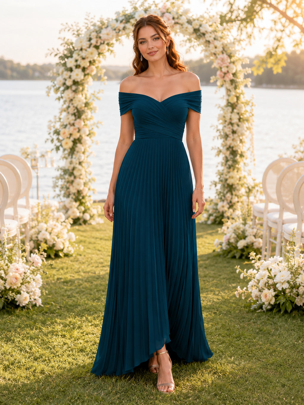 Peacock Off Shoulder Pleated Chiffon Floor Length Guest Dress front view