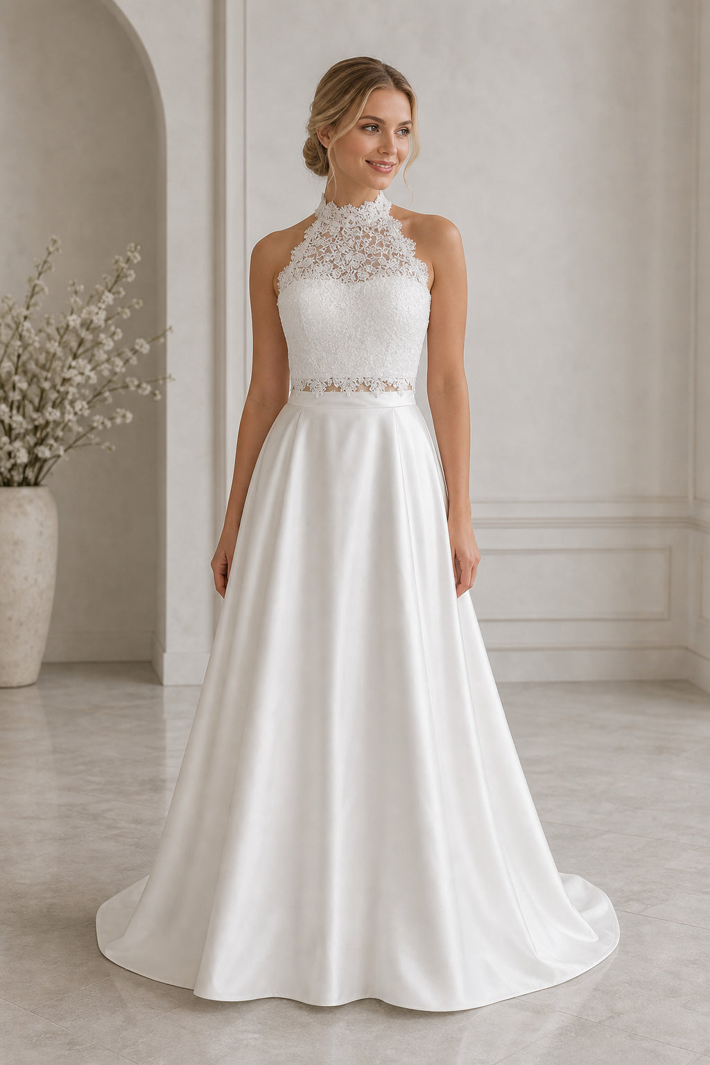 Ivory Scoop Short Sleeves Mermaid Crepe, Lace Floor-length Wedding Dress With Lace and Front Slit and Open Back