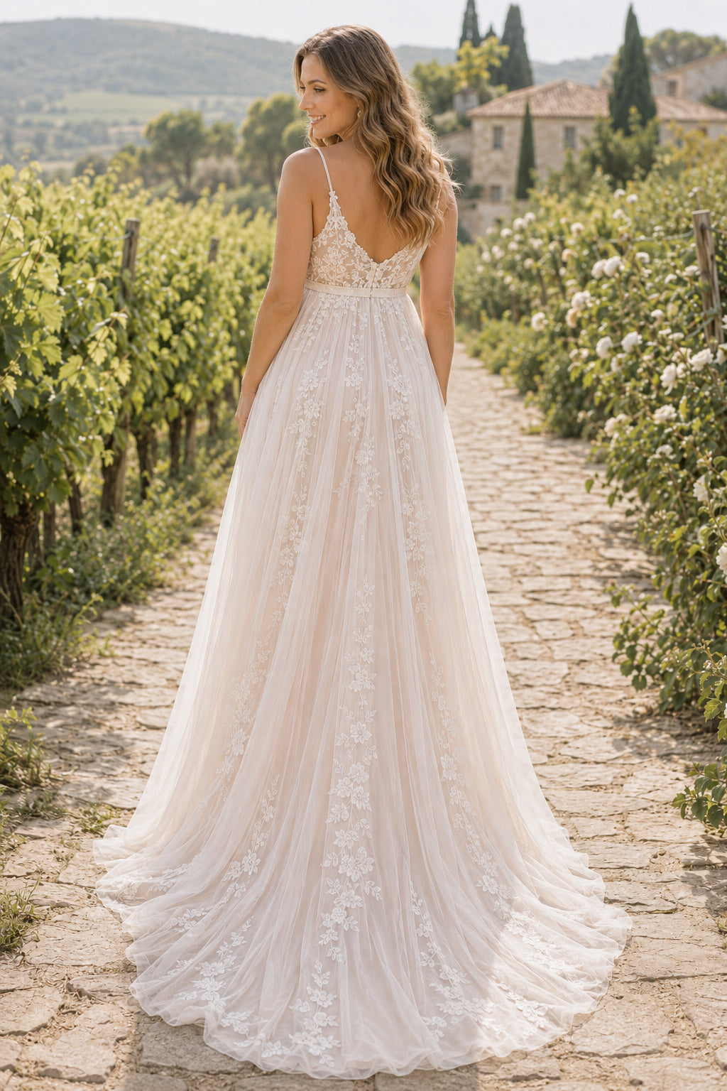 Ivory Maternity Sweetheart Strap Lace A-Line Wedding Dress with Soft Tulle Skirt back view