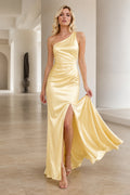 Evening Gown Daffodil Satin Sheath One Shoulder Sleeveless with Slit Floor Length front view