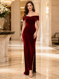 Red Velvet Off Shoulder Column Evening Dress front view