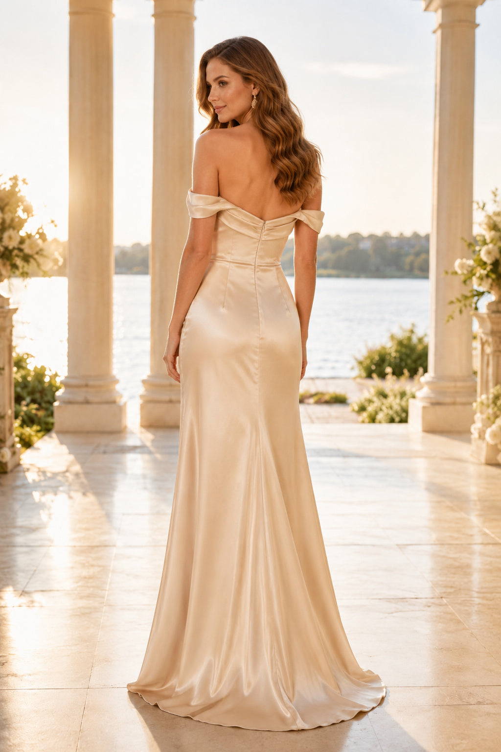 Champagne Off-the-Shoulder Satin Sheath Wedding Dress with Side Split and Ruching back view