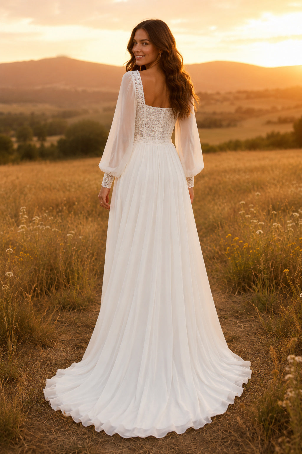 Ivory Simple Square Neck A-Line Chiffon Tulle Wedding Dress with Long Poet Sleeves and Sweep Train back view