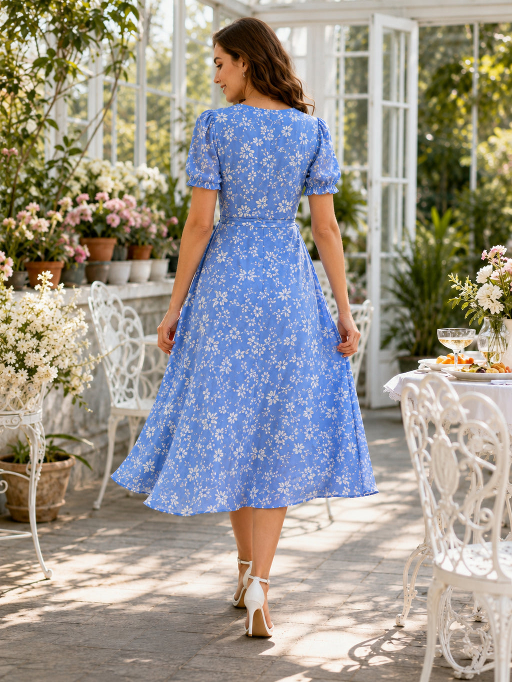Blue Floral V Neck Short Sleeve Wrap Brunch Dress back view