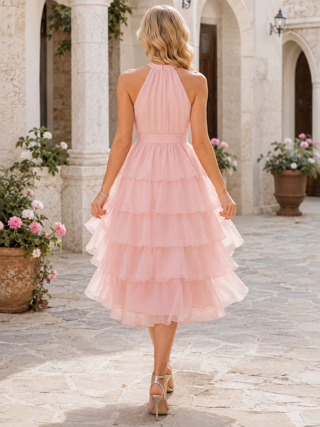 Blush Pink Halter Neck Tiered Ruffle Tulle Tea Length A Line Dress back view