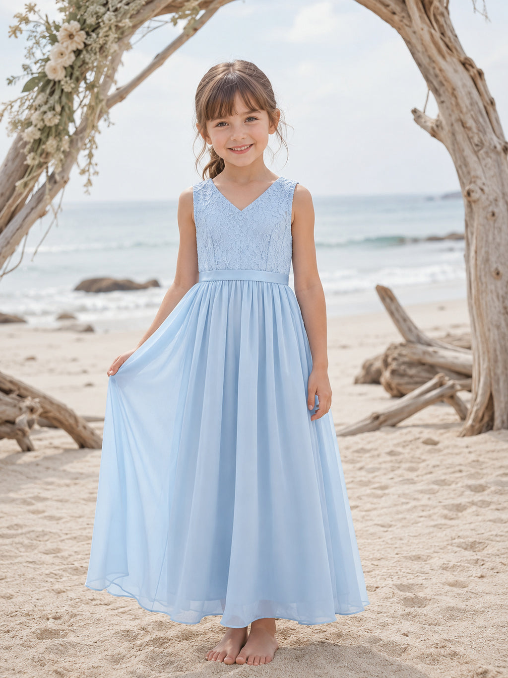 Flower Girl Dress Sky Blue Chiffon A-Line Sleeveless V Neck Floor Length front view