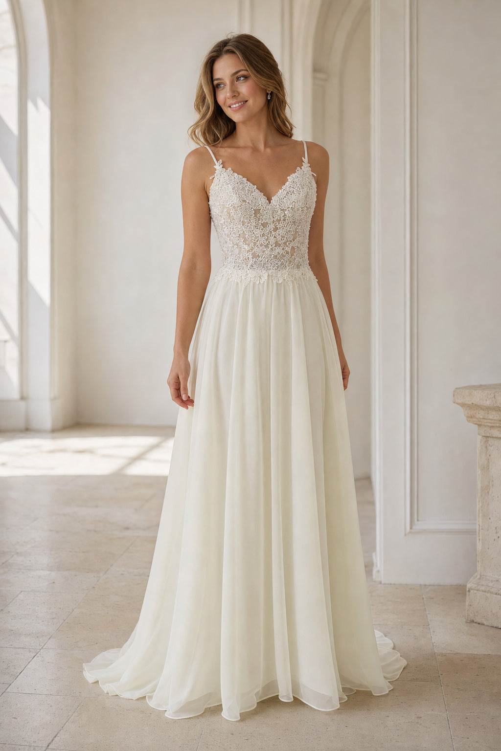 White Sweetheart A-Line Crepe Floor-length Wedding Dress With Open Back and Lace Bodice and Open Back Pearl Detail
