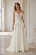 White Sweetheart A-Line Crepe Floor-length Wedding Dress With Open Back and Lace Bodice and Open Back Pearl Detail
