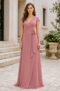 Dusty Rose V-Neck Chiffon A-Line Bridesmaid Dress with Cap Sleeves and Side Sash front view