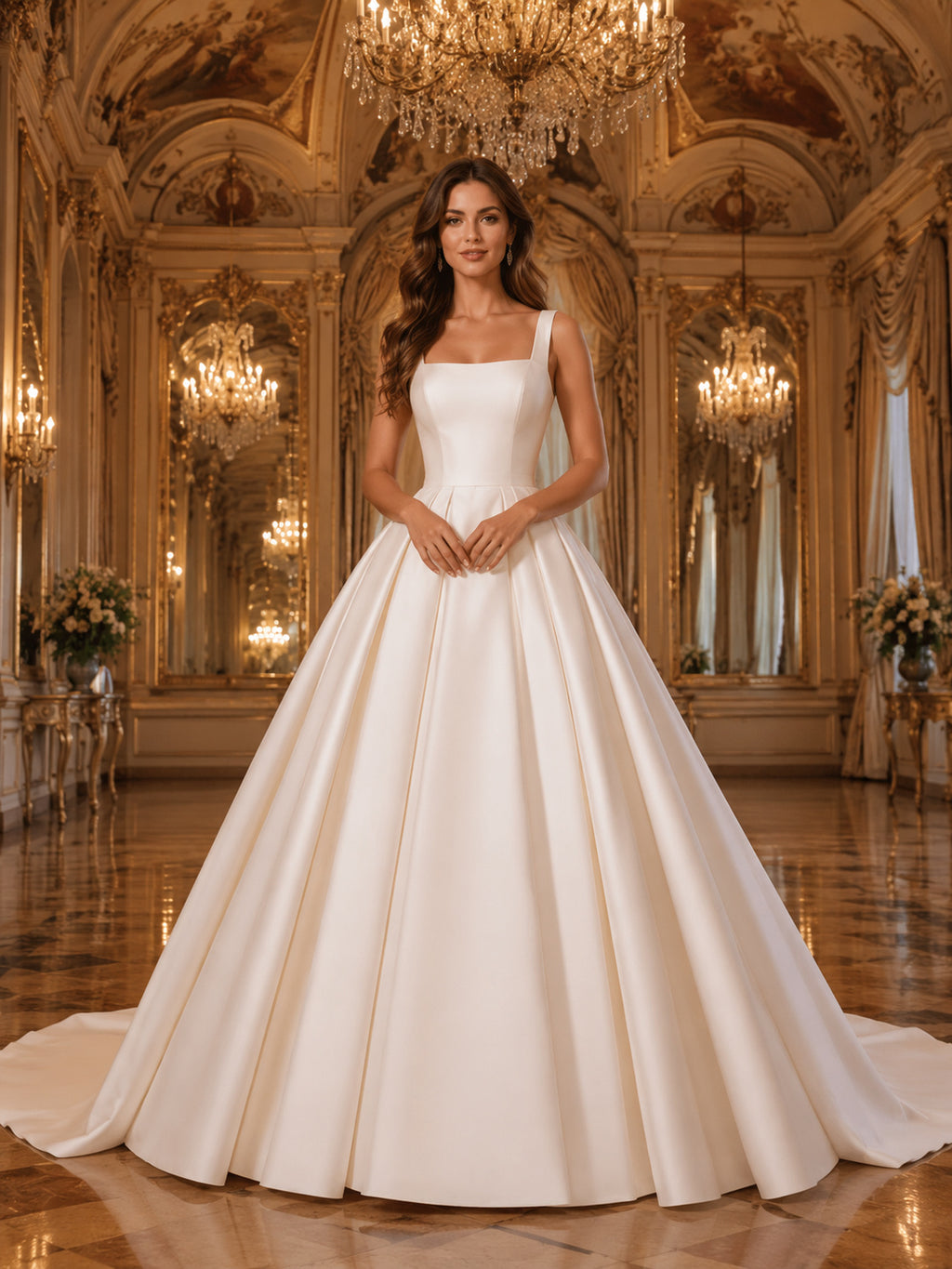 Square Neck Satin Princess Ball Gown Ballroom Bridal Dress front view