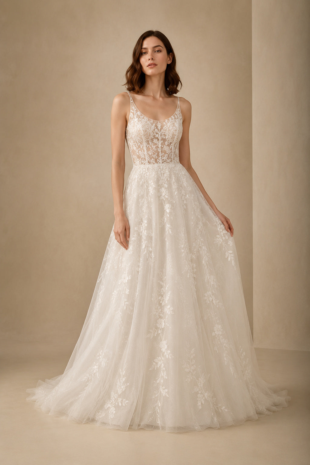 Spaghetti Strap Lace A-Line Wedding Dress with Sweep Train front view