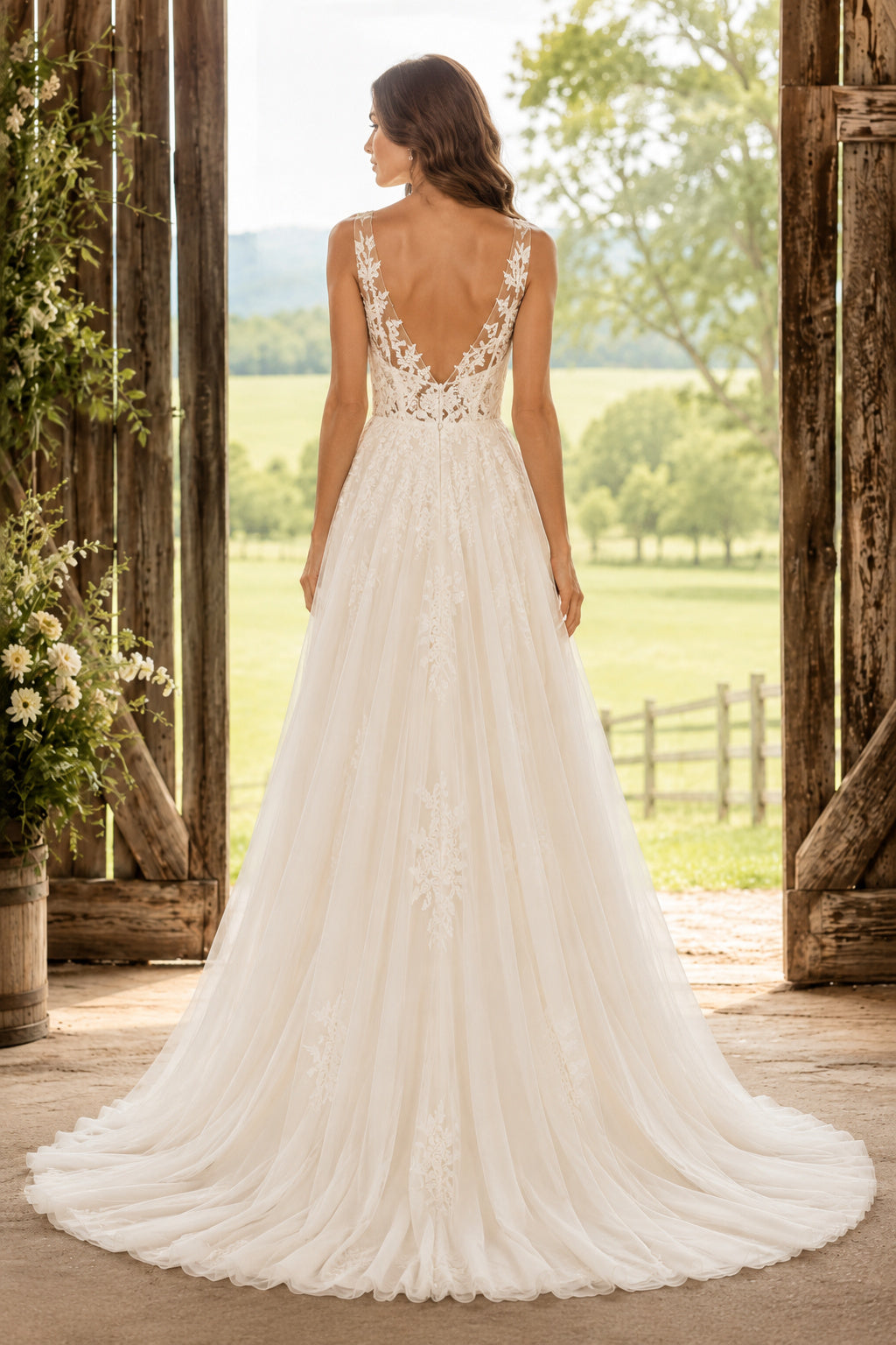 Deep V Strap A-Line Wedding Dress with Lace Applique Bodice and Full Tulle Train back view