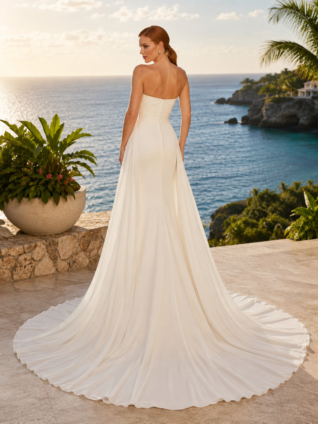 Strapless Draped Satin Sheath Chapel Train Minimal Destination Wedding Gown back view
