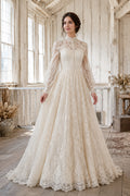 Ivory Luxury High Neck Ball Gown Full Lace Tulle Wedding Dress with Long Lace Sleeves and Chapel Train front view