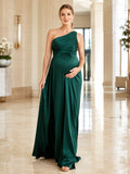Emerald Green Maternity One Shoulder Ruched Satin Floor Length Sheath Dress front view