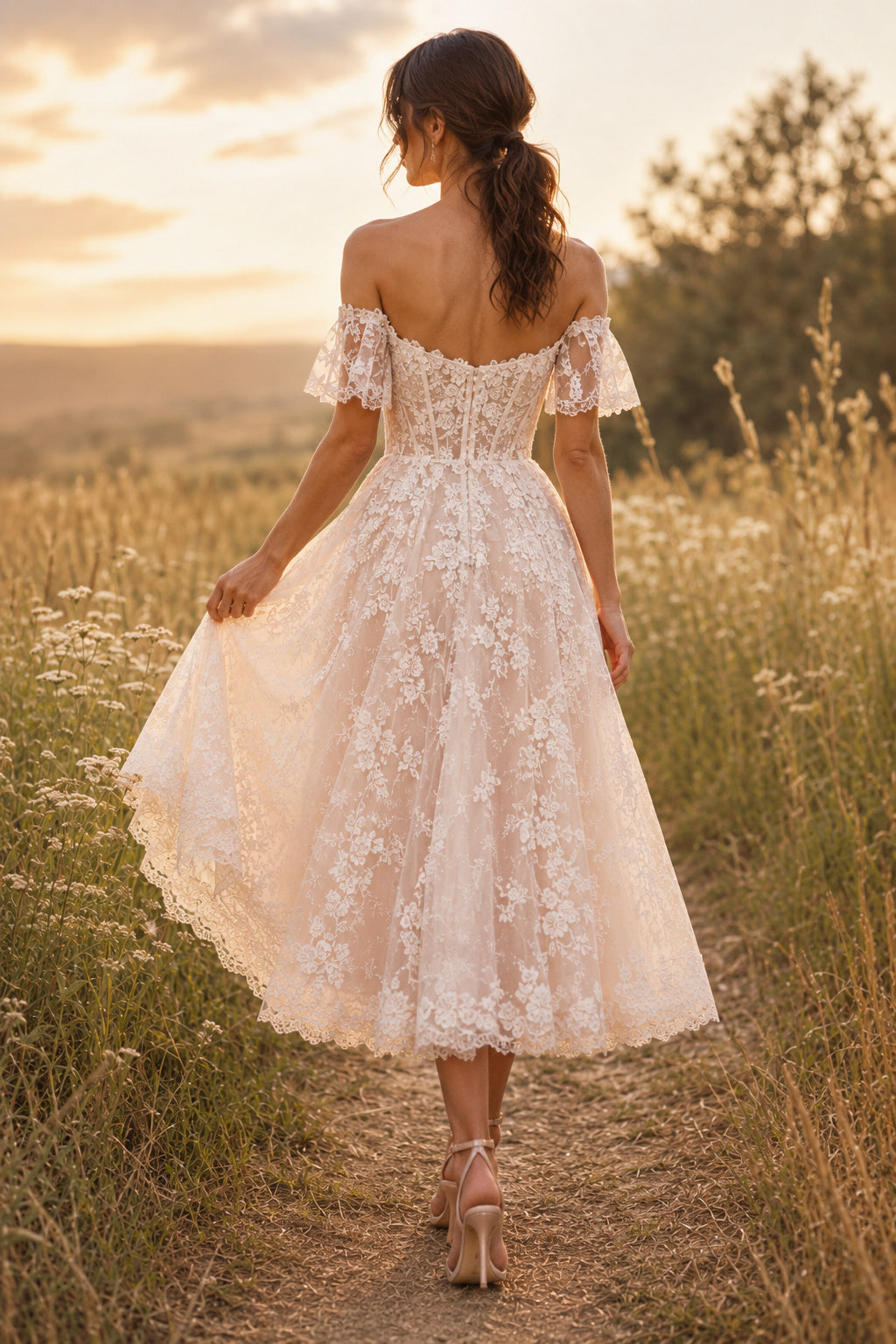 Blushing Pink Off-the-Shoulder Sweetheart Flutter Sleeve Lace Tulle Tea-Length Wedding Dress with Blush Lace Appliques and Mi