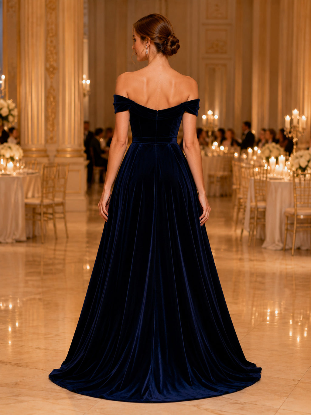 Navy off shoulder velvet A line slit formal gala gown back view