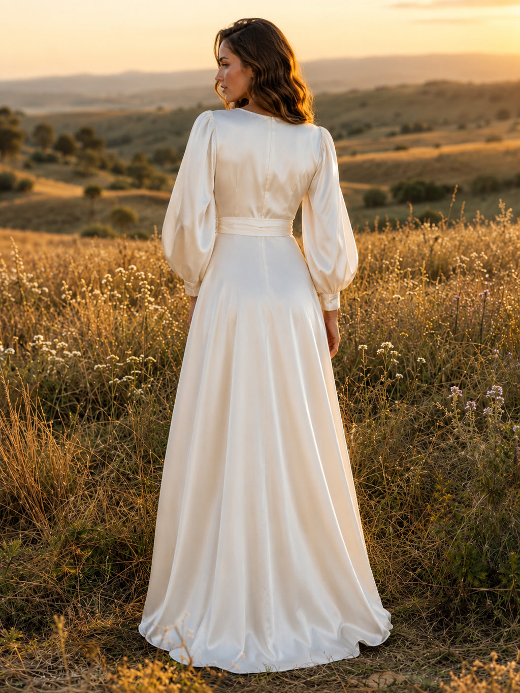 Long Sleeve Wrap Chiffon Field Engagement Photo Gown back view
