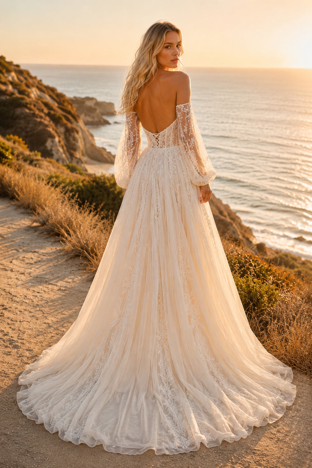 Ivory Off Shoulder Long Sleeve Lace Tulle A-Line Wedding Dress Chapel Train for Bridal Ceremony and Reception back view