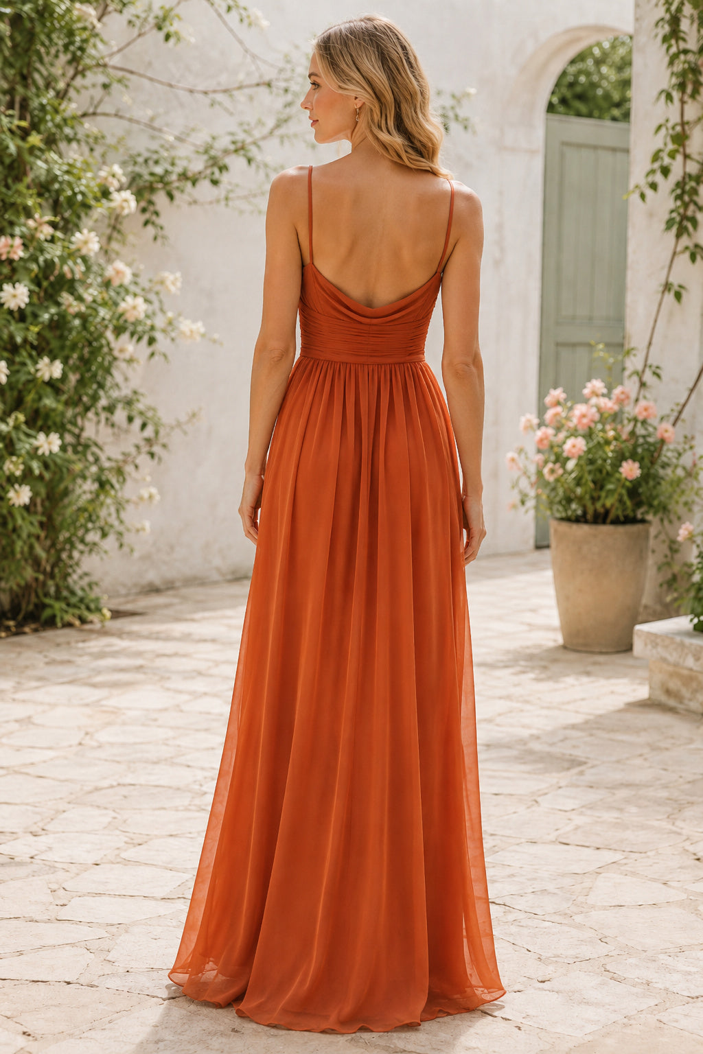 Orange Cowl Neck Spaghetti Chiffon Bridesmaid Dress with Pleated Waist and Flowing A-Line Skirt back view