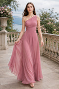 Dusty Rose one shoulder chiffon A line dress with pleated bodice and soft skirt Floor-length A-Line Bridesmaid Dress front vi