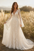 Ivory Long Bell Sleeve Lace A-Line Wedding Dress with Deep V-Neck and Train front view