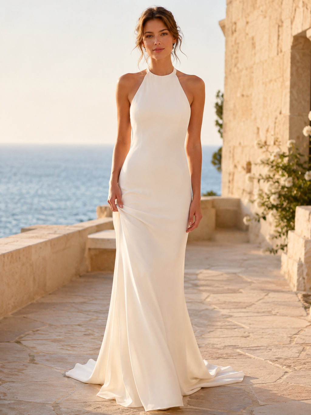Minimalist Stretch Satin Wedding Dress Sheath Halter Sleeveless Sweep Train Bridal Gown front view