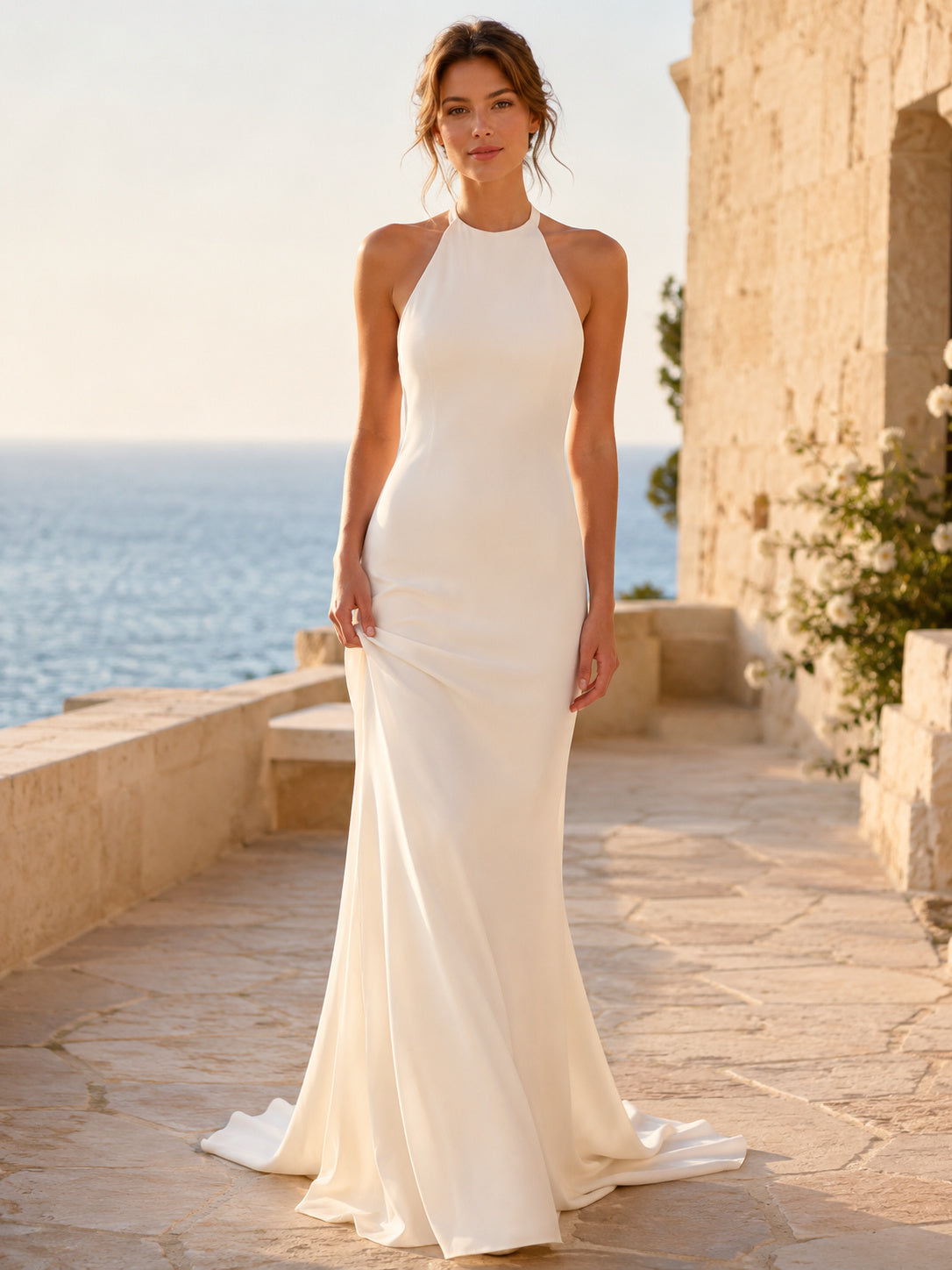 Minimalist Stretch Satin Wedding Dress Sheath Halter Sleeveless Sweep Train Bridal Gown front view