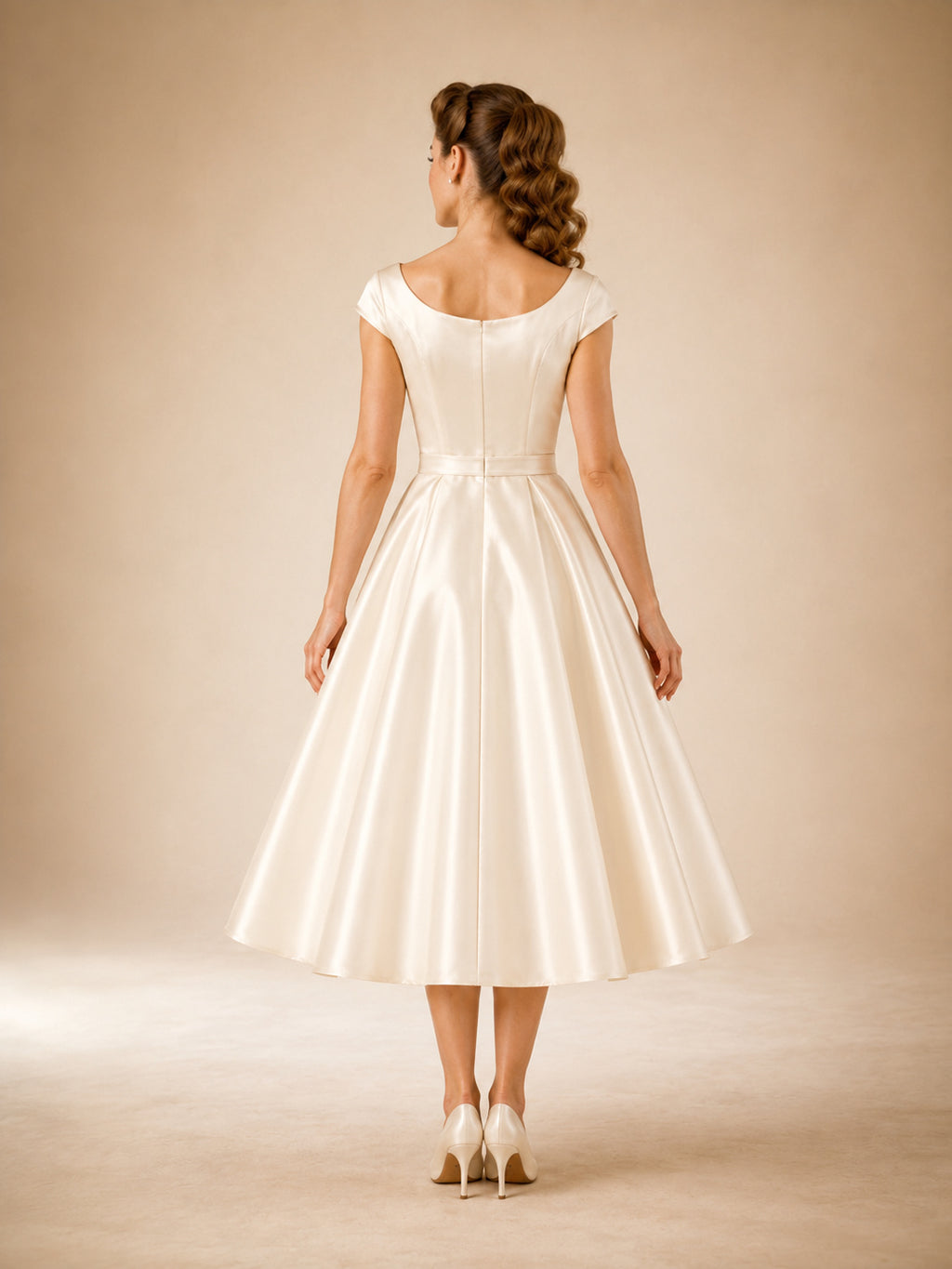 1950s Scoop Neck Cap Sleeve Satin Tea Length Wedding Dress back view