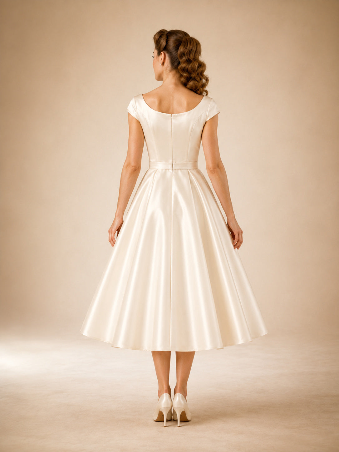 1950s Scoop Neck Cap Sleeve Satin Tea Length Wedding Dress back view