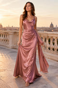Dusty Rose Cowl Neck Satin Sheath Bridesmaid Dress with Side Split and Draped Skirt front view