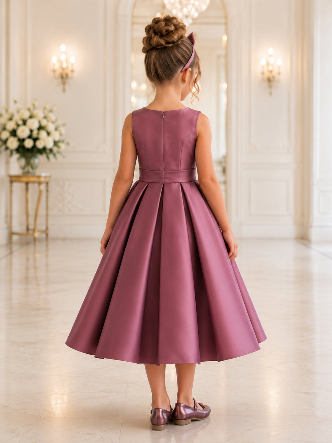 Flower Girl Dress Dusty Rose Satin A-Line Jewel Neck Tea Length Bow Detail back view