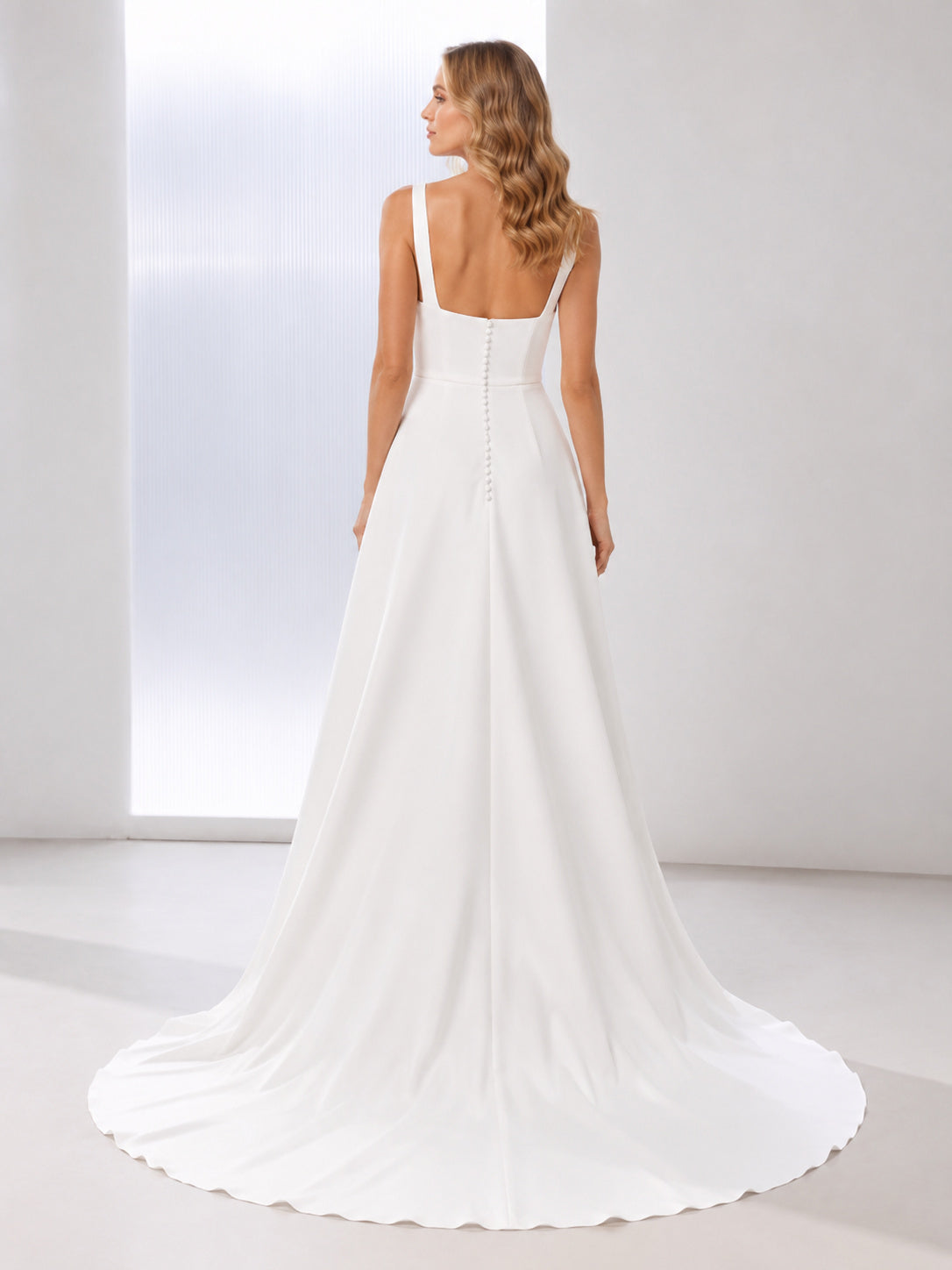 Square Neck Minimalist Crepe A Line Chapel Train Wedding Dress back view