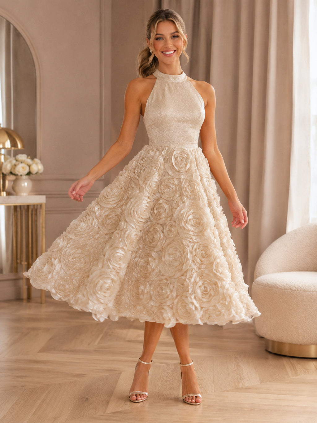 Champagne Luxury Midi Halter High Neck Rosette Skirt Sweet Sixteen Cocktail Party Dress front view