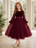 Flower Girl Dress A-Line Burgundy Modest Long Sleeve Tulle Evening front view