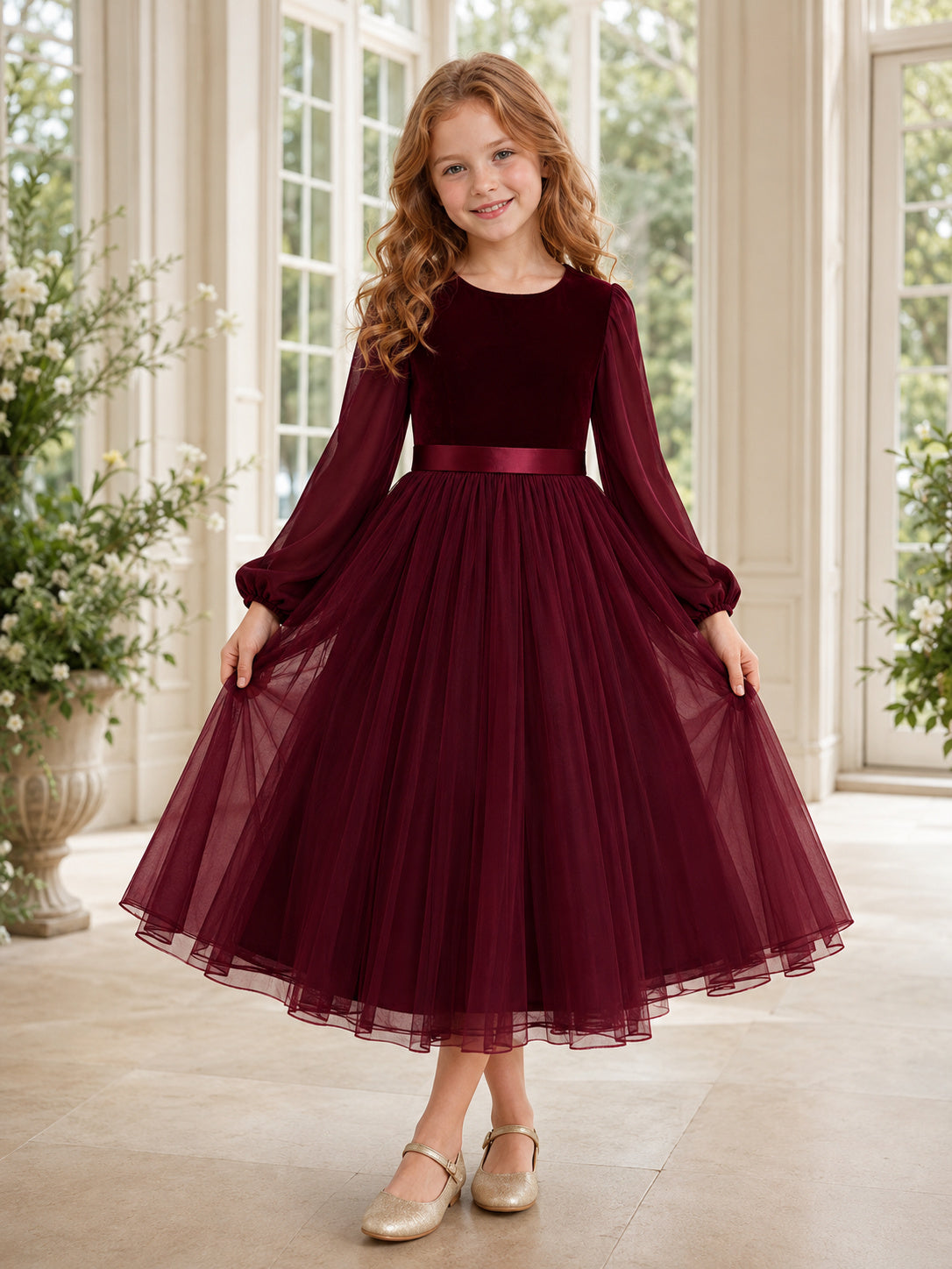 Flower Girl Dress A-Line Burgundy Modest Long Sleeve Tulle Evening front view
