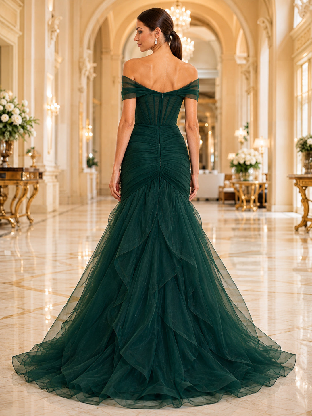 Dark Green Off Shoulder Organza Ruffle Mermaid Gown back view