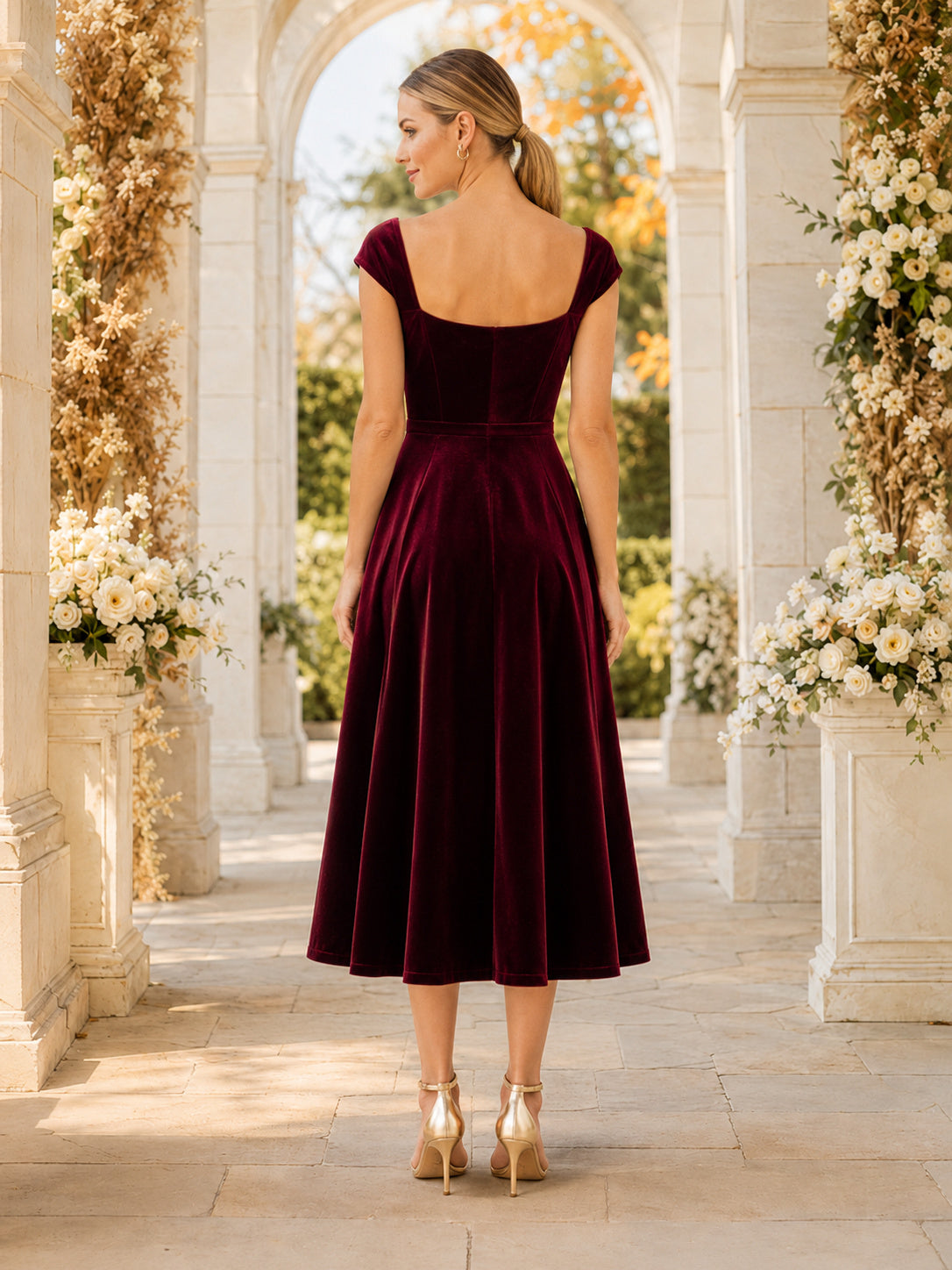 Burgundy Sweetheart Cap Sleeve Velvet A-Line Tea-Length Wedding Guest Dress back view