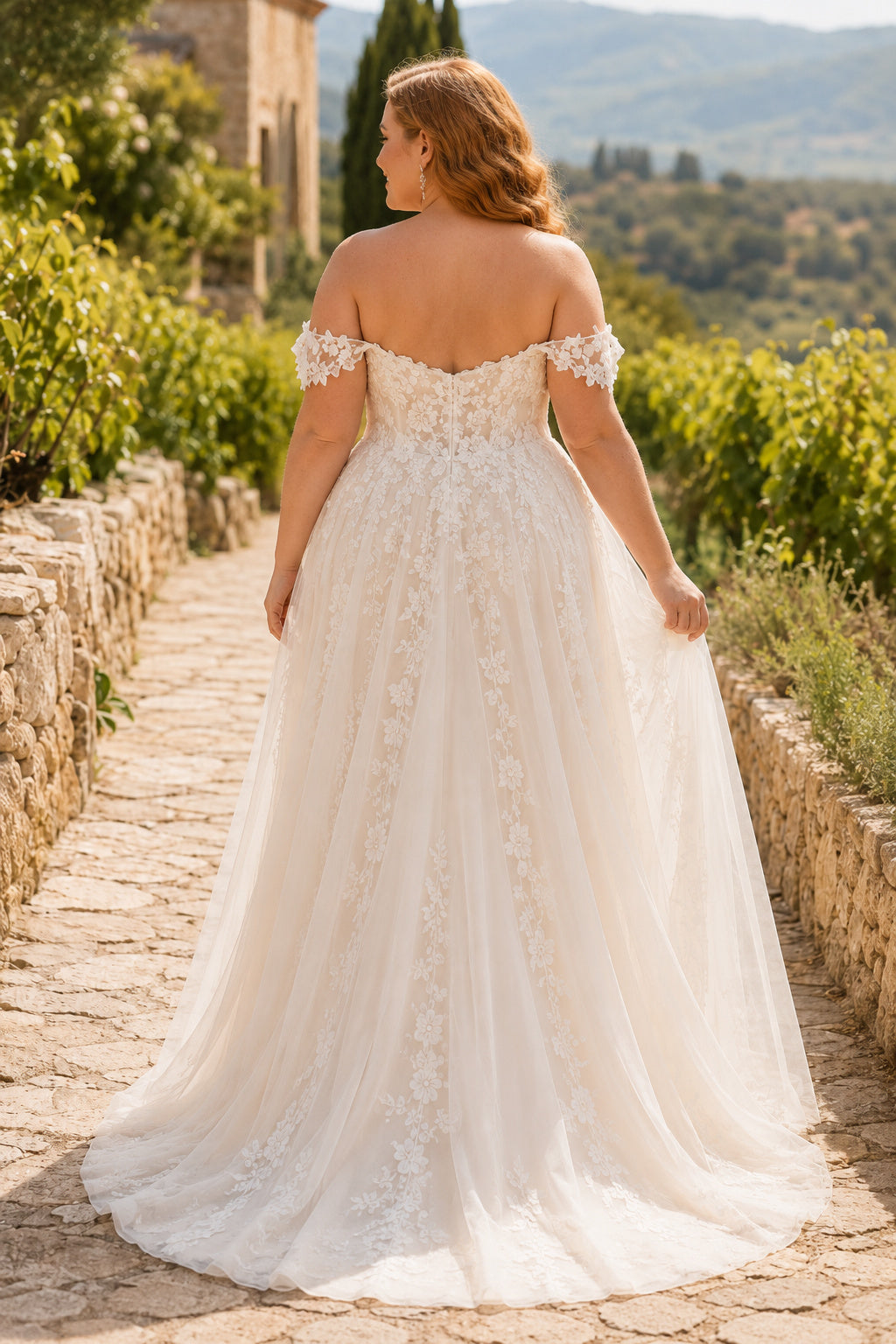 Plus Size Off-the-Shoulder Lace A-Line Wedding Dress with Tulle Skirt back view