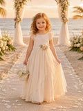 Flower Girl Dress Ivory Tulle Satin A-Line Scoop Neck Ankle Length Sash Detail front view