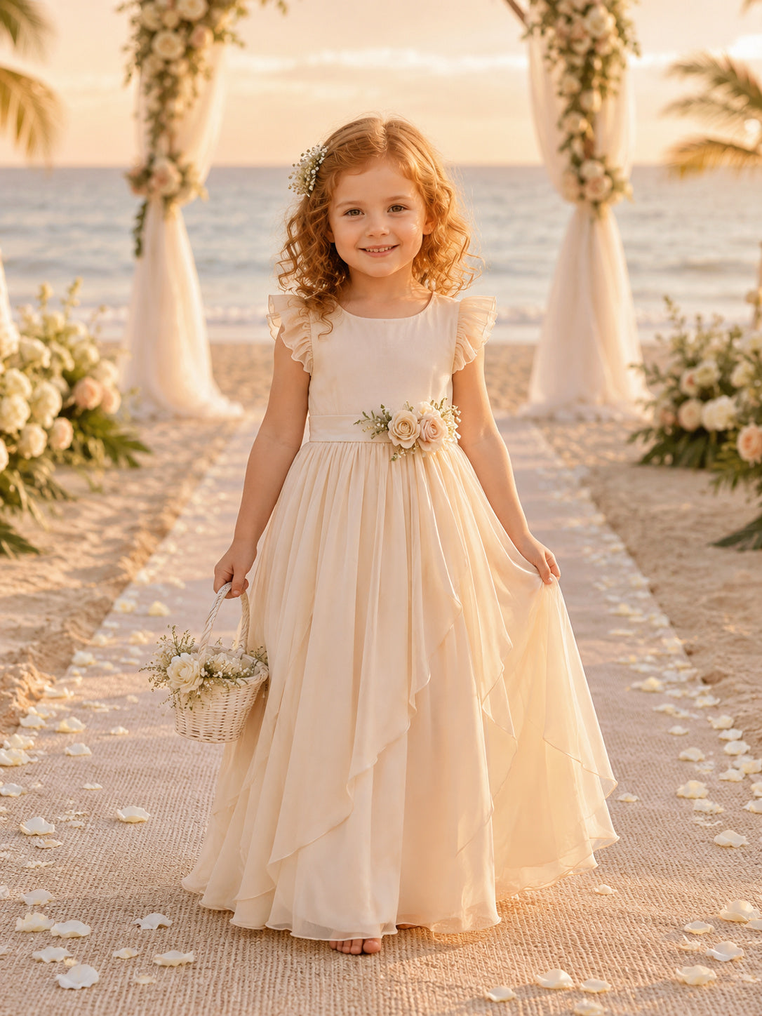 Flower Girl Dress Ivory Tulle Satin A-Line Scoop Neck Ankle Length Sash Detail front view