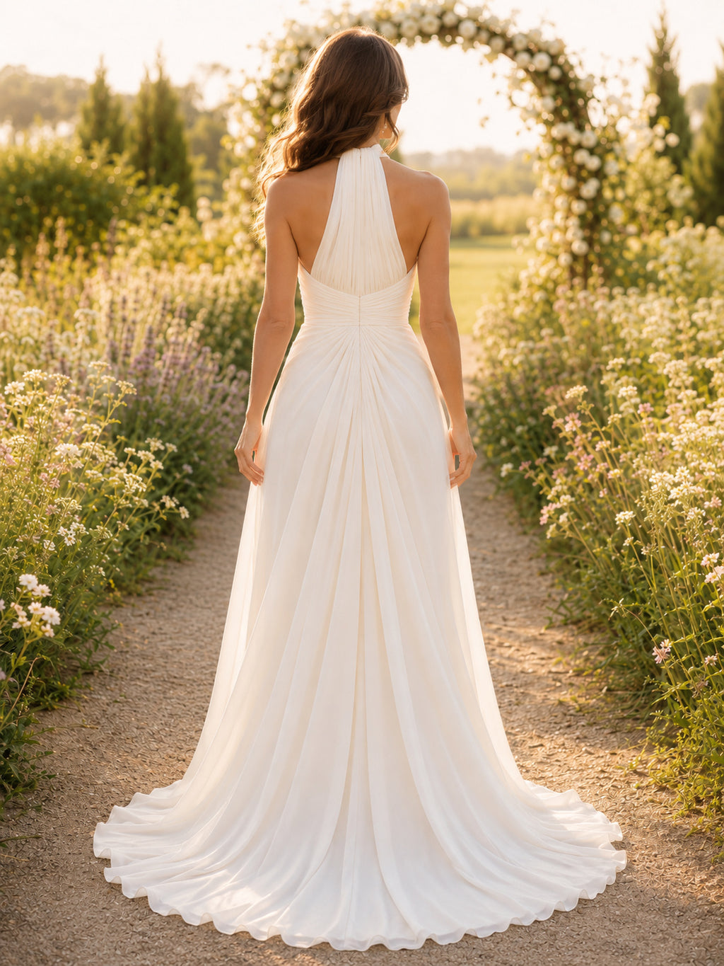 Minimalist Satin Wedding Dress A-Line Halter Sleeveless Sweep Train Bridal Gown back view